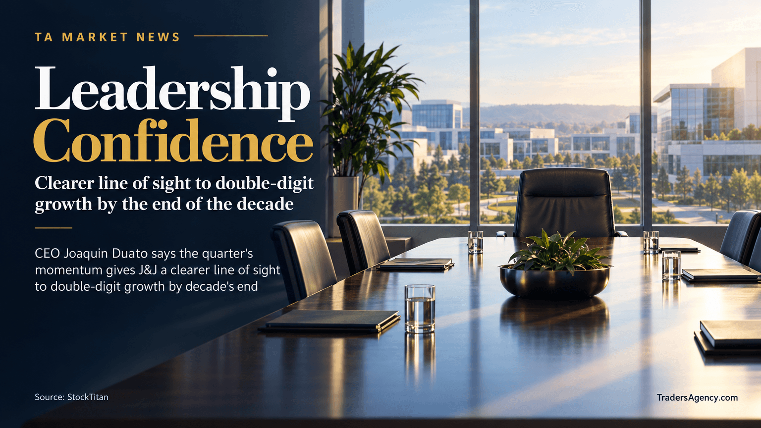 Editorial illustration of an empty executive boardroom overlooking a pharmaceutical campus, symbolizing leadership confidence in long-term growth.