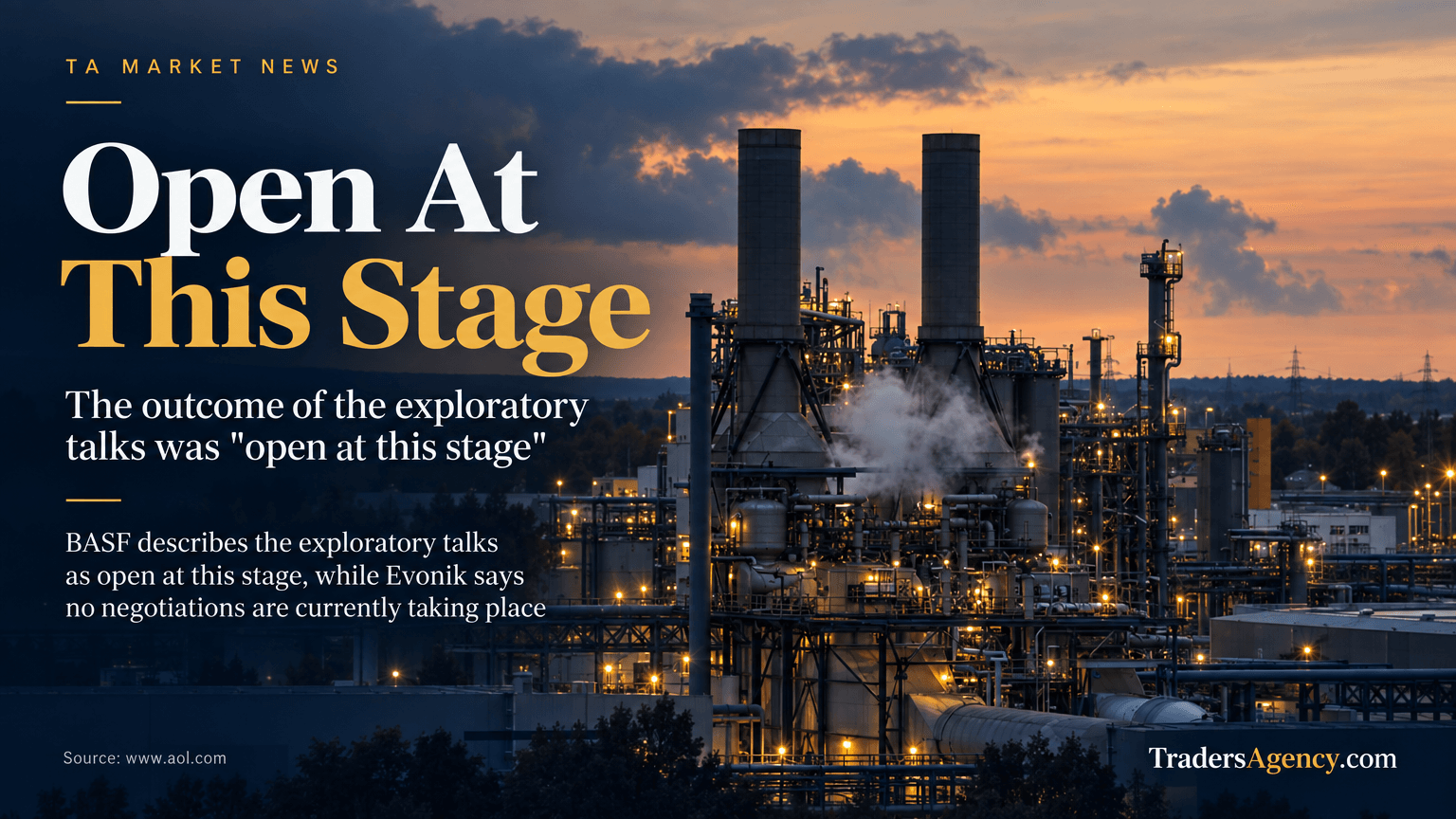A German chemical plant at dusk with steam rising, symbolizing the unresolved, exploratory nature of the takeover approach.