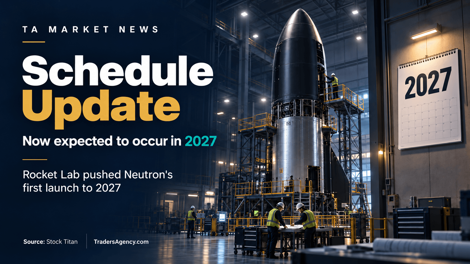 Rocket under construction in a hangar with a calendar showing a 2027 launch target.