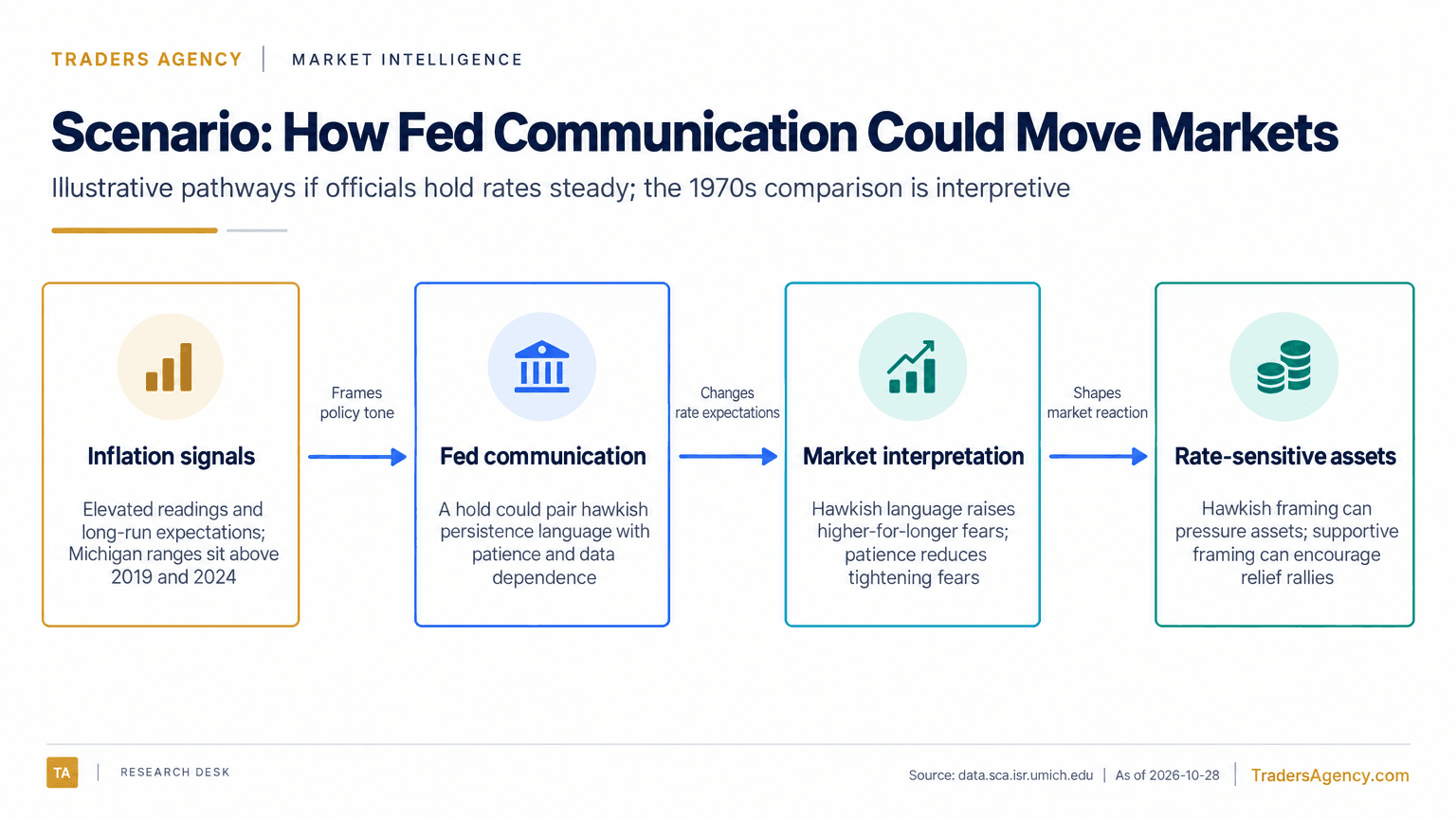 An illustrative four-step flow links elevated inflation signals to Federal Reserve communication, market interpretation and the response of rate-sensitive assets, with hawkish and patient language producing different pathways.