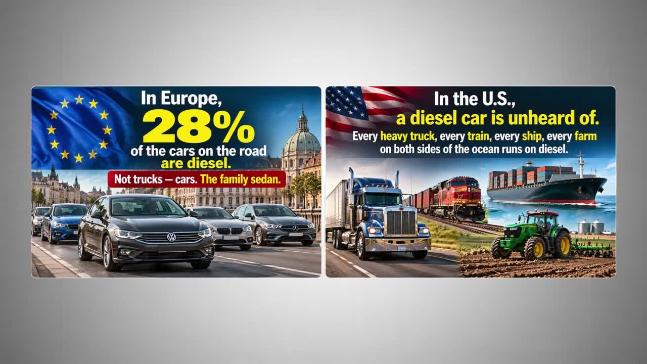 Split-screen infographic comparing diesel usage: Europe has 28% diesel cars on the road, while in the U.S. diesel cars are unheard of but heavy trucks, trains, ships, and farm equipment run on diesel