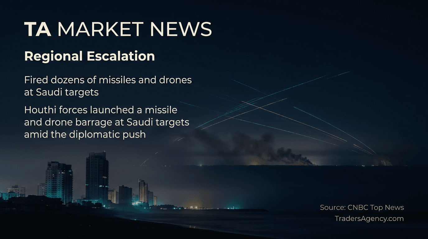 Night skyline of a Saudi coastal city with faint air-defense interceptor trails against a dark sky.
