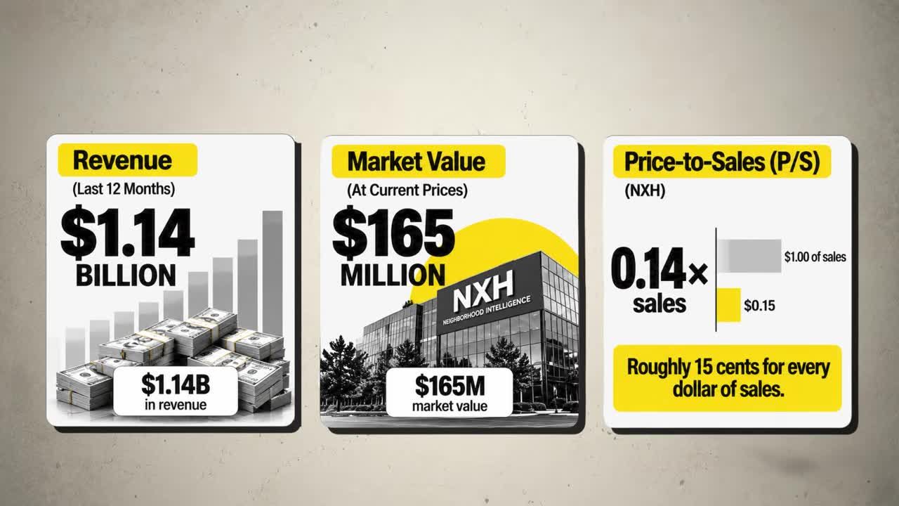 Infographic showing NXH key metrics: $1.14 billion revenue, $165 million market value, and 0.14x price-to-sales ratio