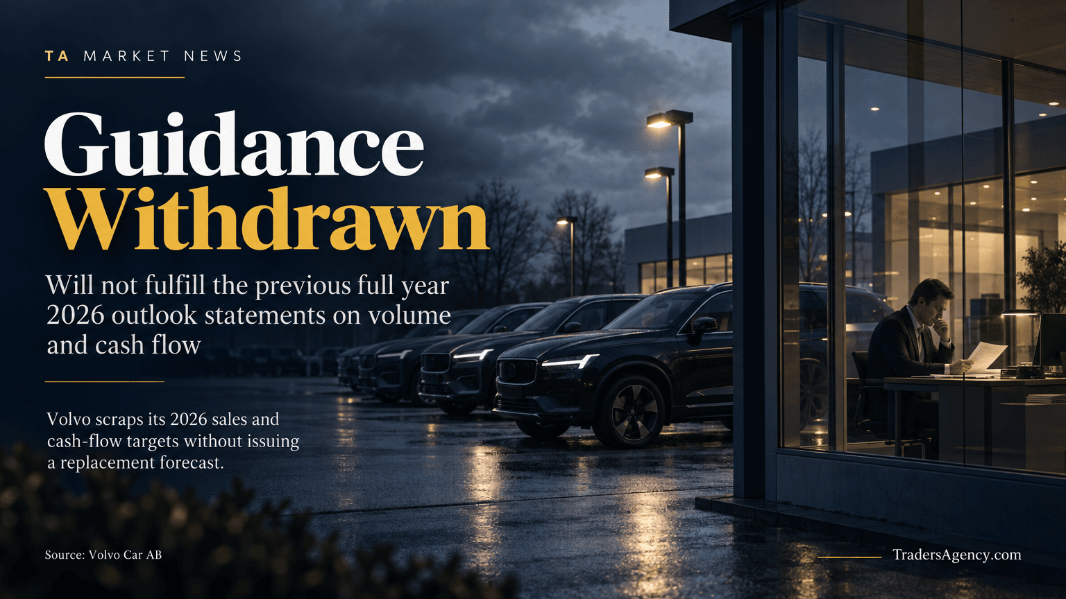 Dimly lit car dealership forecourt at dusk symbolizing Volvo's withdrawn 2026 guidance.
