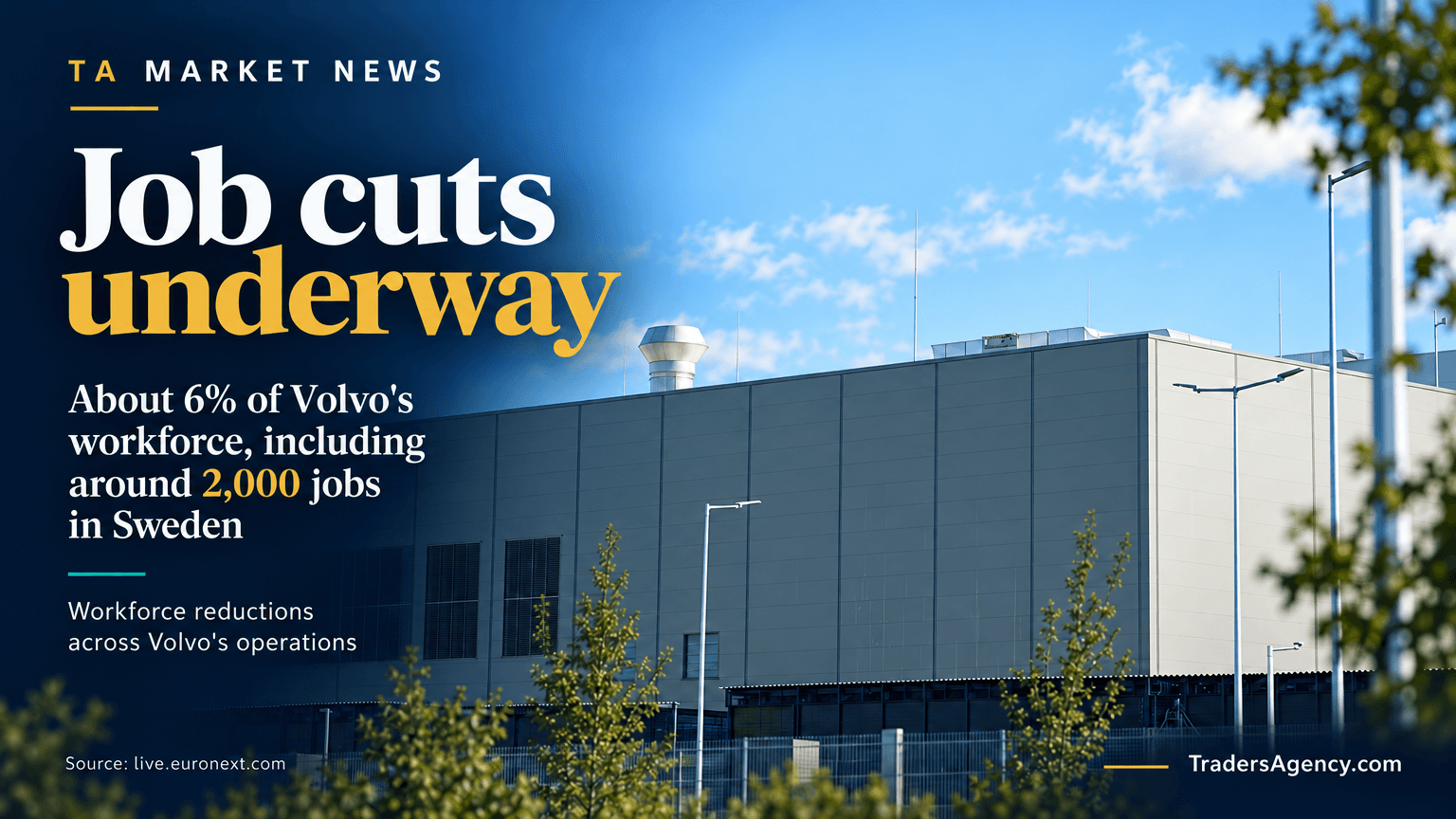 Exterior view of a large automotive factory building beneath a clear sky.
