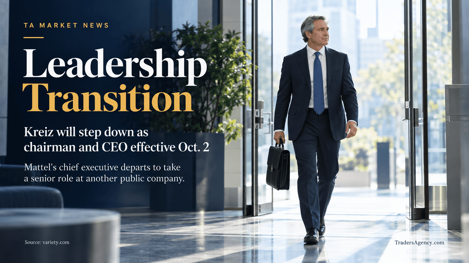 An executive walking out of a corporate office lobby carrying a briefcase, symbolizing a CEO leadership transition.