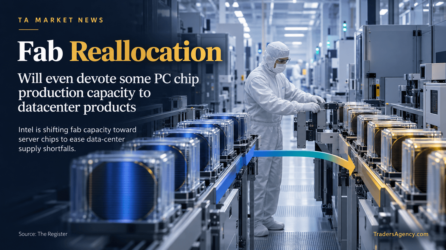 A cleanroom worker adjusts wafer production equipment between two manufacturing lines inside a semiconductor fab, representing capacity reallocation.