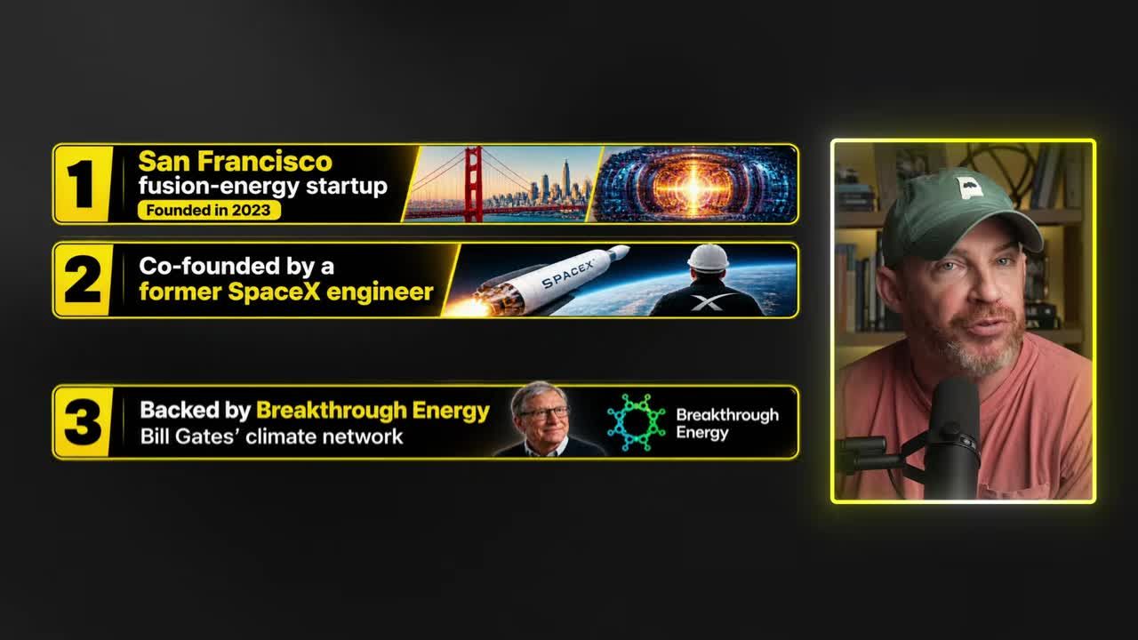 Infographic listing key facts about Marathon Fusion: San Francisco fusion-energy startup, co-founded by a former SpaceX engineer, and backed by Bill Gates' Breakthrough Energy network