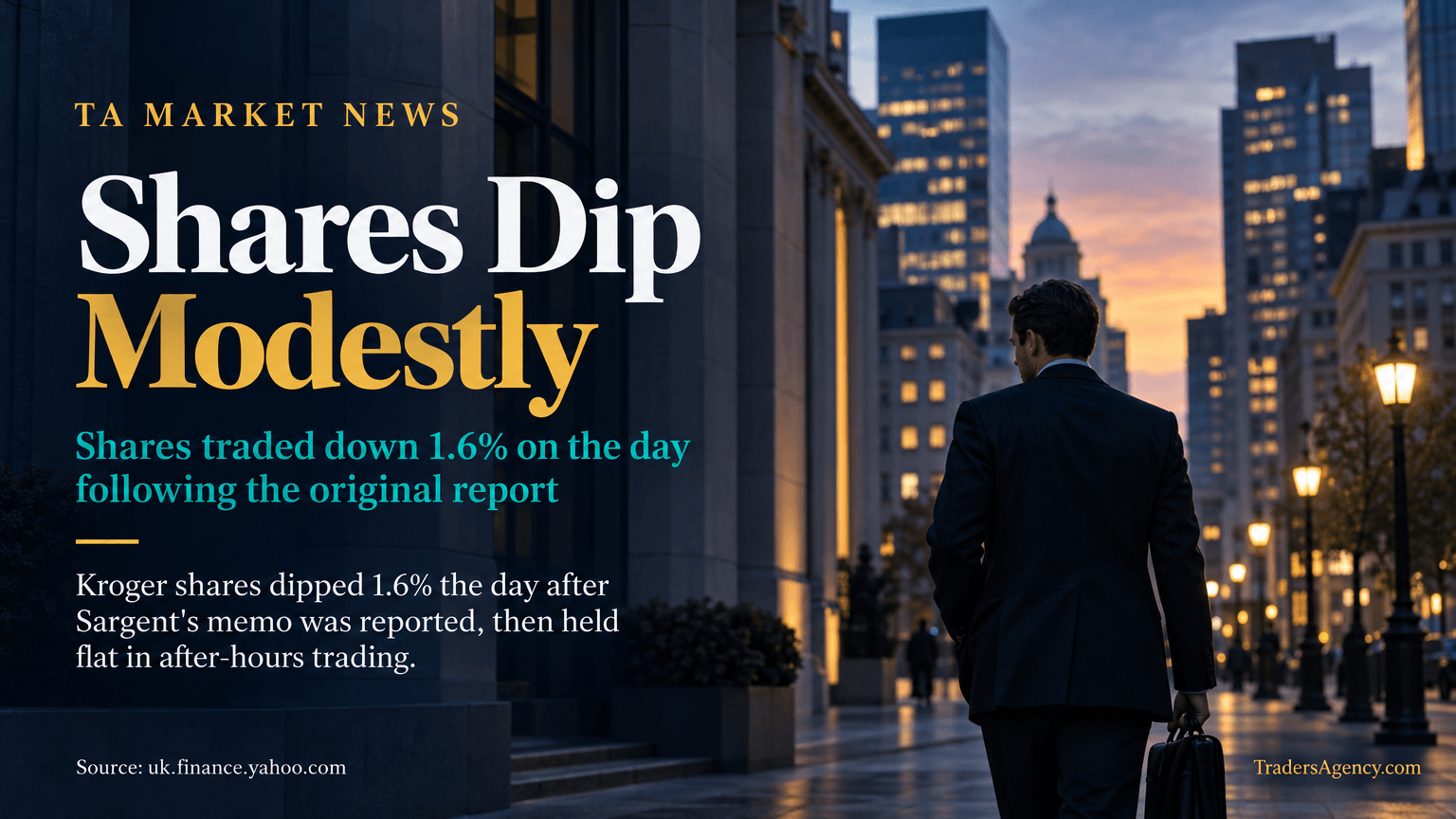 A dusk financial district street scene representing a modest stock market reaction to the layoff news.