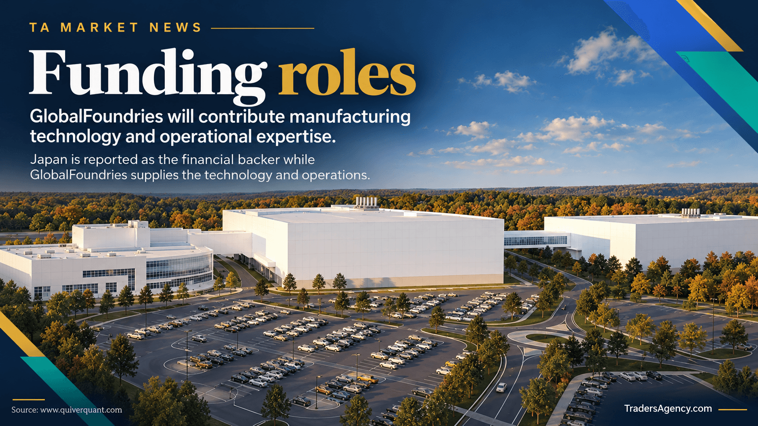 Rendering of a large, unbranded semiconductor fab campus representing the Japan-funded, GlobalFoundries-operated facilities in Malta, New York.