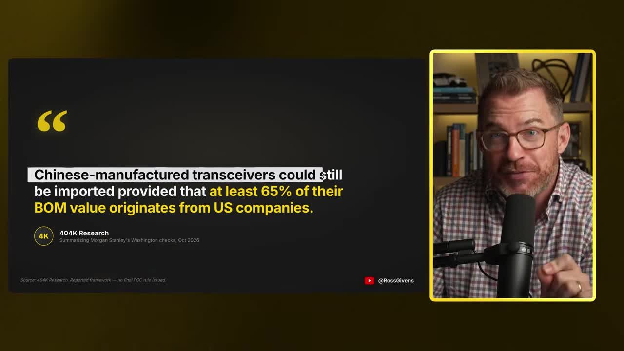 Quote graphic describing the exception that would let Chinese-manufactured transceivers still be imported if at least 65% of their value comes from US companies