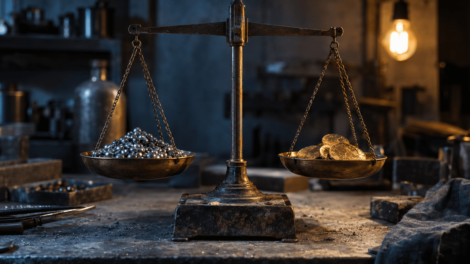 A single scuffed scale sits on a bare concrete workbench: one brass pan holds a small heap of raw gray mercury-colored pellets, the other holds a few worn gold coins, both pans hanging level in uneasy balance.