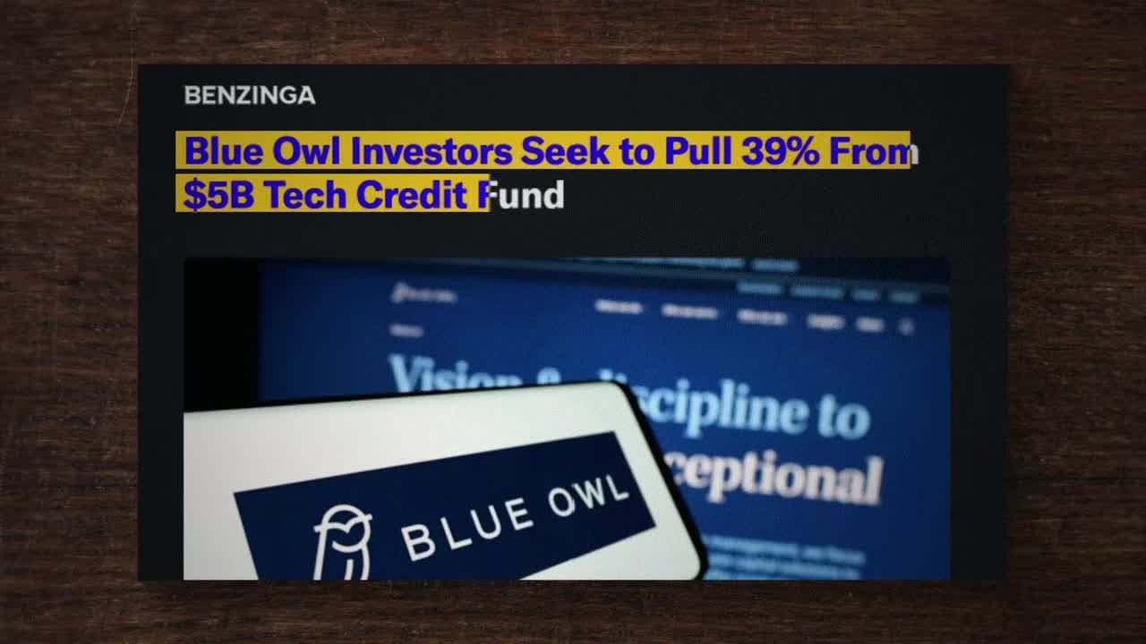 Headline highlighted in yellow about Blue Owl investors seeking to pull money from its technology credit fund