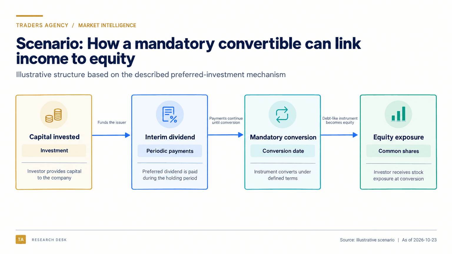 A four-step flow shows capital invested, periodic preferred dividends, mandatory conversion under defined terms and eventual common-stock exposure.