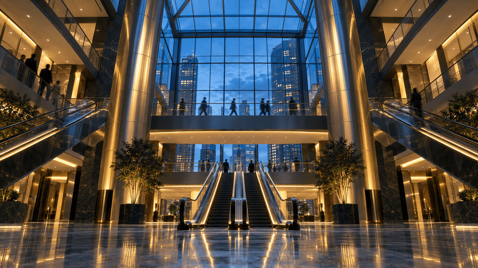 Wide architectural view of a modern bank headquarters atrium with glass skylight, polished marble floors, and converging escalators bathed in warm amber and cool blue dusk light.