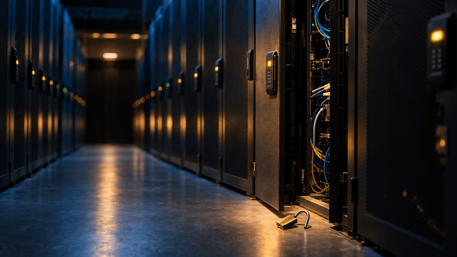 A dim server room corridor lined with rows of identical black cabinet doors, each fitted with a small keypad and blinking status light, stretching into soft shadow.