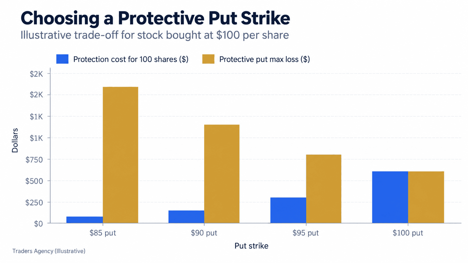 Bar chart comparing the cost of 100-share put protection with the resulting maximum dollar loss for several put strikes