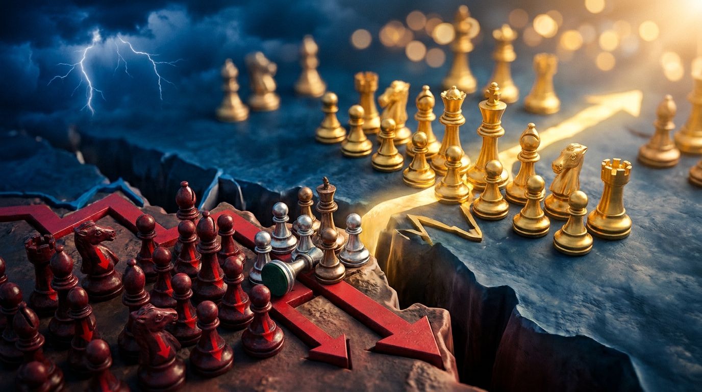 A dramatic aerial view of a financial battlefield showing two opposing armies of chess pieces on a stock market chart landscape, with red "short" pieces overwhelming one side while larger golden pieces representing institutional money loom powerfully in the background. The chart terrain beneath them shows volatile peaks and valleys with bold red downward arrows being countered by surging upward momentum. The lighting is tense and cinematic, with dark storm clouds on one side giving way to a brig