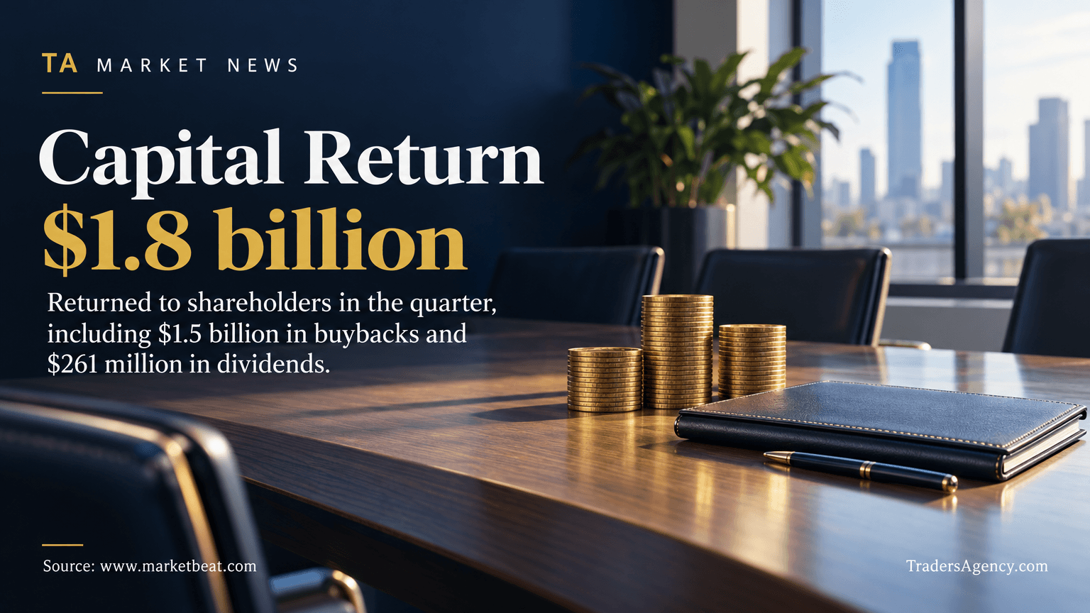 Boardroom table with coins and a checkbook representing Travelers' $1.8 billion in quarterly shareholder returns.