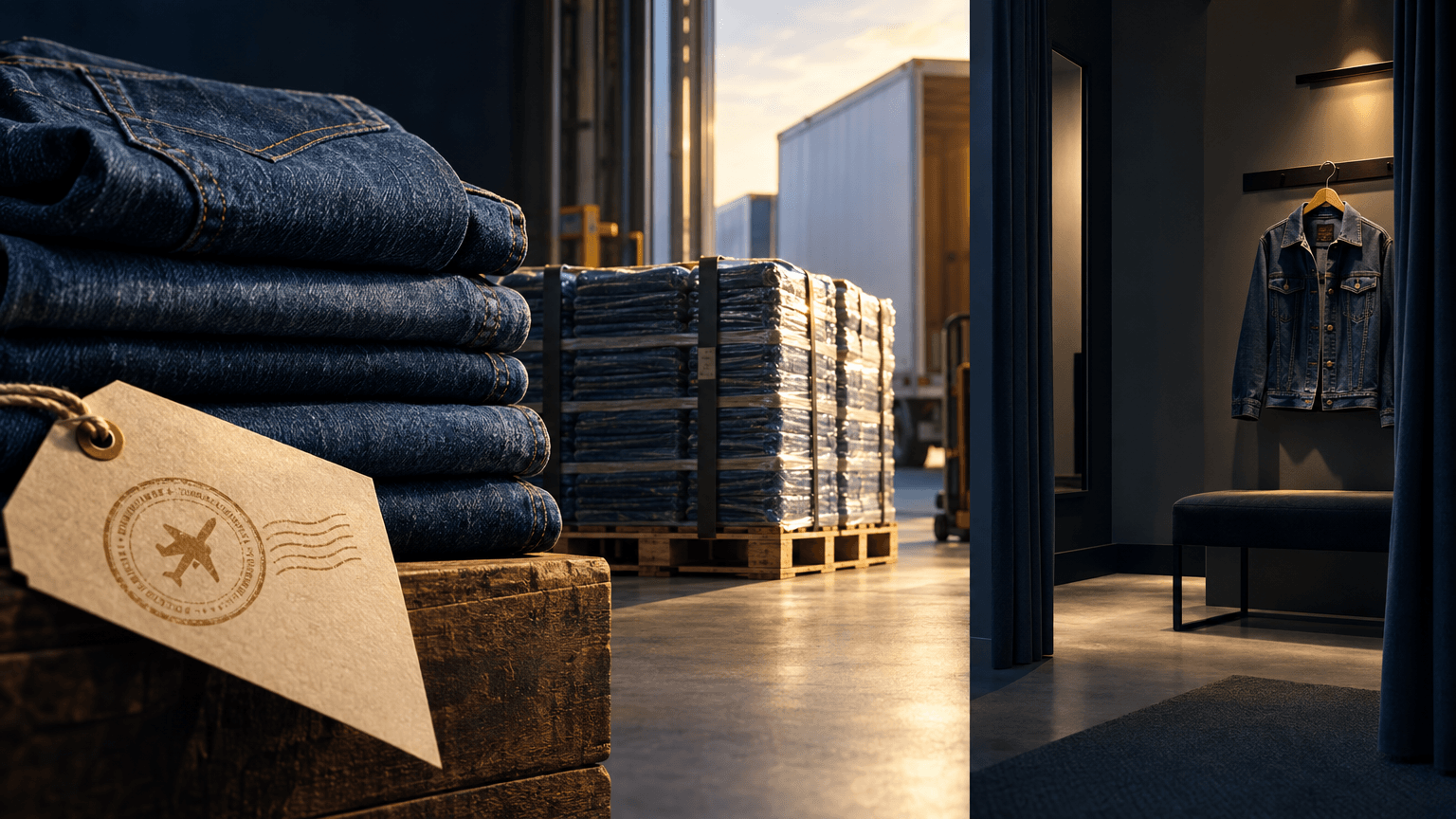 A conceptual split scene showing folded denim jeans under warm light beside an empty, dim fitting room with a lone denim jacket, symbolizing contrasting gains from tariff refunds and softness in direct retail sales.