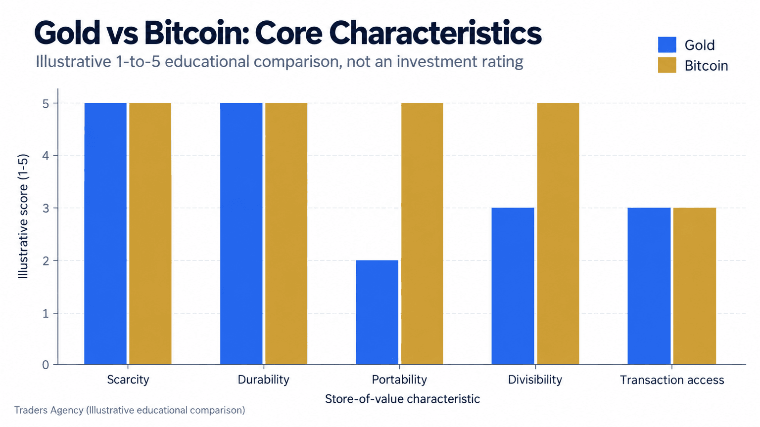Bar chart showing illustrative scores for gold and Bitcoin across scarcity, durability, portability, divisibility, and transaction access