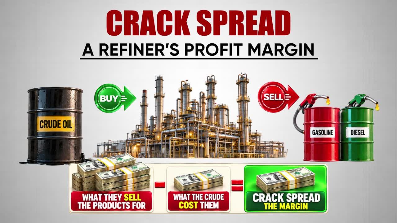 Infographic explaining the crack spread as a refiner's profit margin, showing crude oil purchase, refining process, and sale of gasoline and diesel with the profit equation