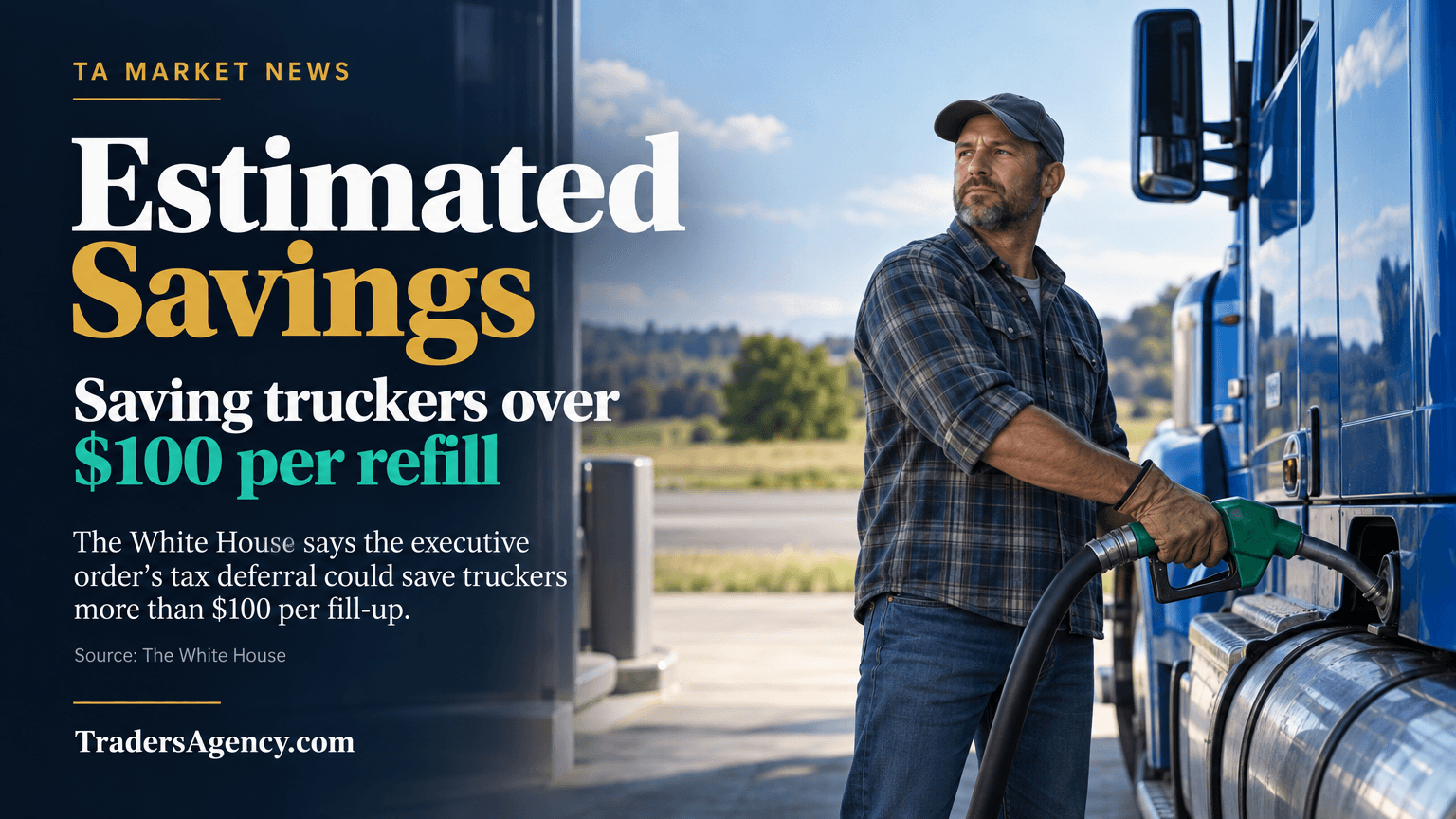 A truck driver standing with a fuel nozzle at a roadside diesel station, representing fuel cost relief.