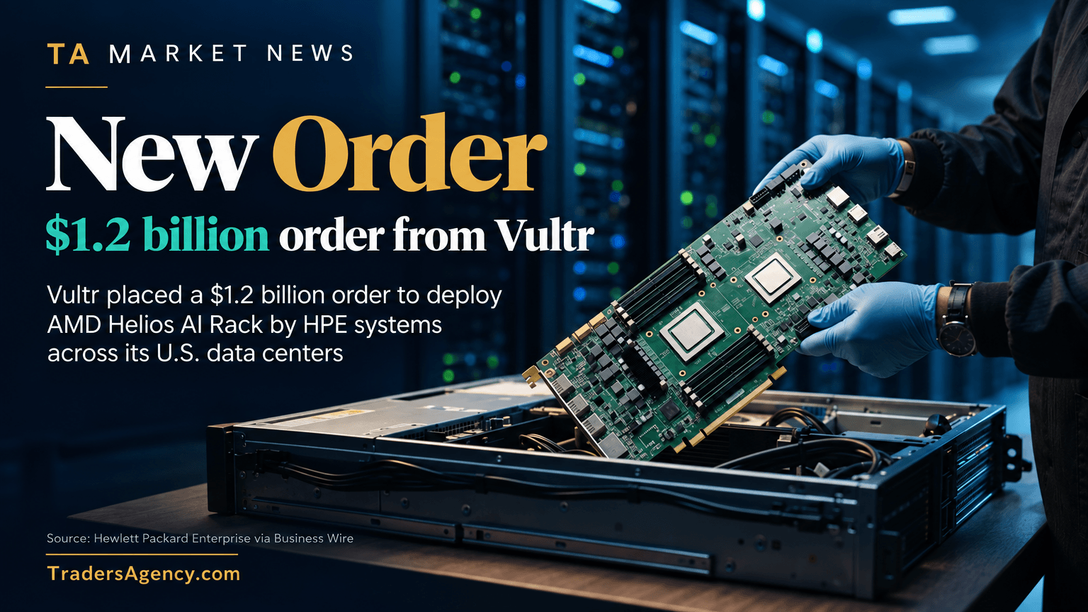 Technician installing a GPU-laden server board tied to the $1.2 billion Vultr-HPE Helios order