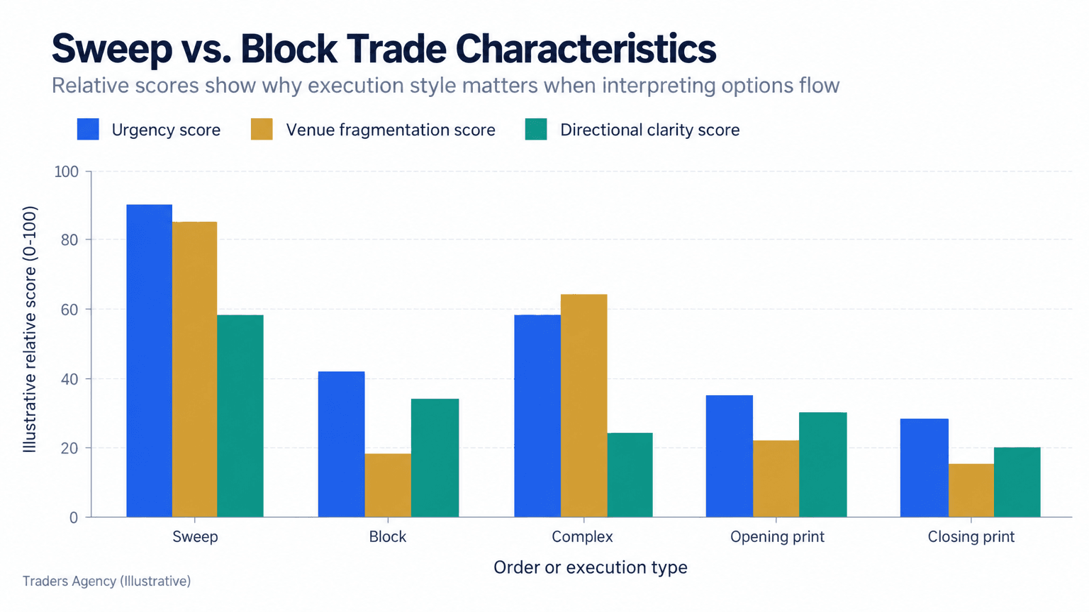 Grouped bar chart comparing urgency, venue fragmentation, and directional clarity across five hypothetical options order types