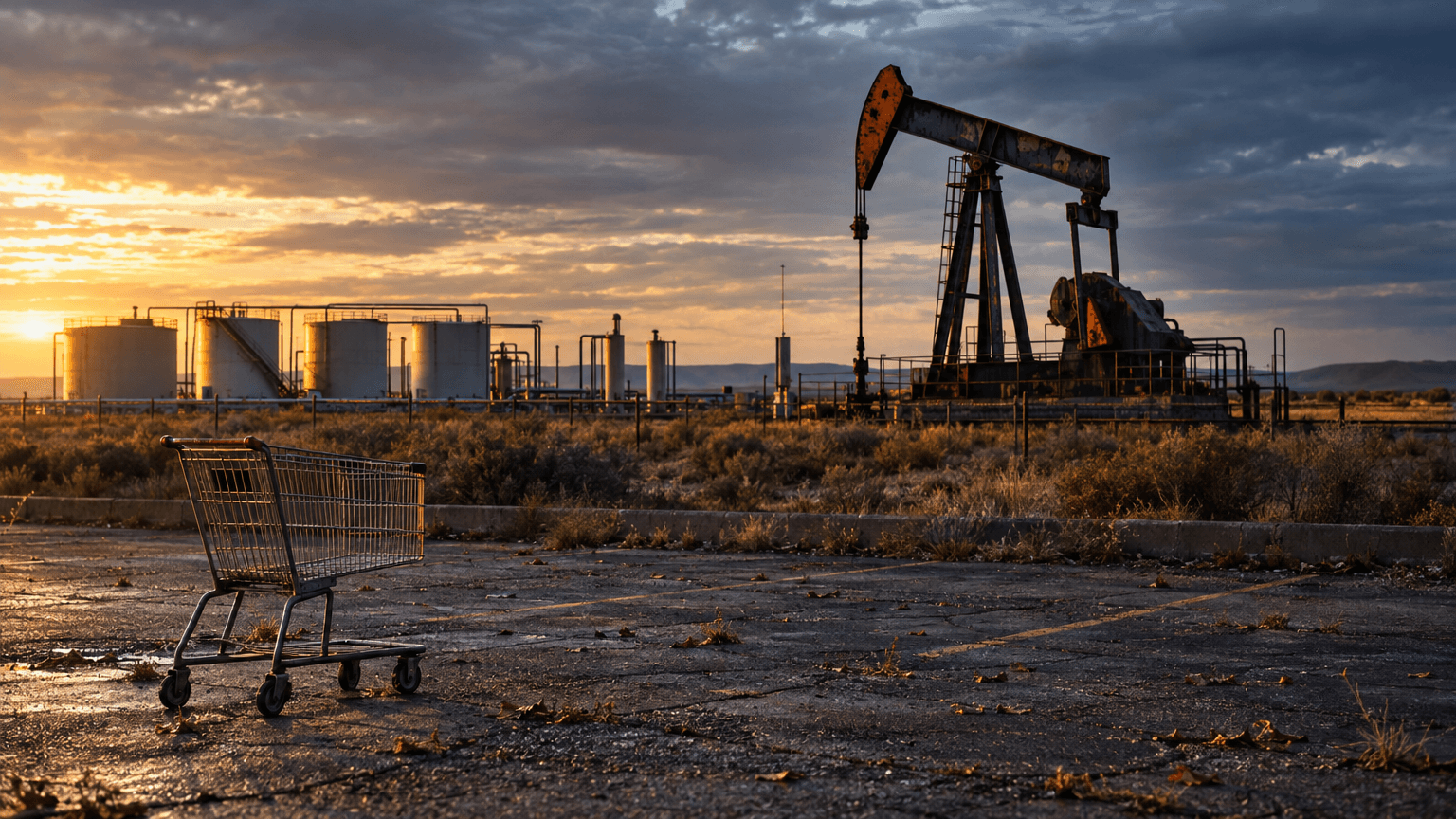 A weathered steel pumpjack stands mid-stroke in a flat, scrubland oil field at late-afternoon light, its paint chipped but mechanism clean and well-maintained, with a row of storage tanks and looping pipework in the middle distance.