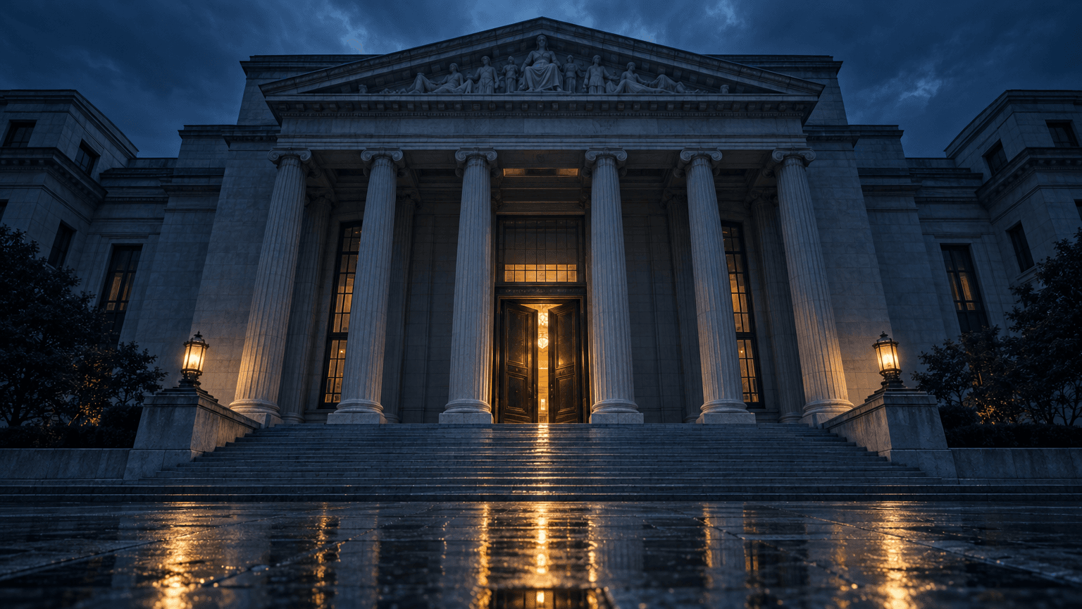 Dusk view of a grand stone bank entrance with bronze doors ajar and wet reflective steps, evoking a major financial institution facing an unexpected setback.