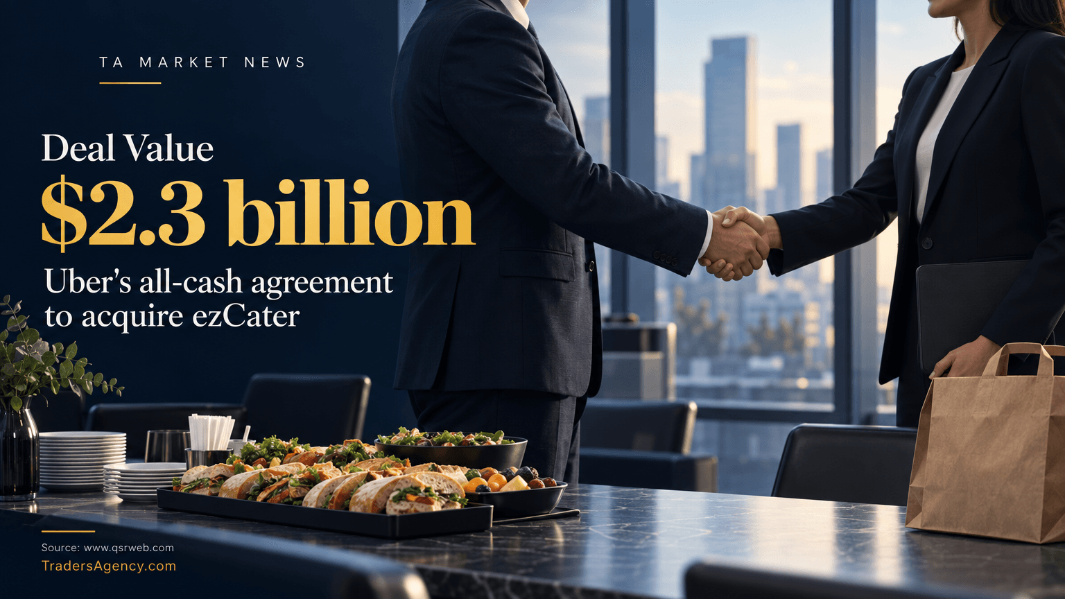 Illustration of a business handshake symbolizing Uber's $2.3 billion all-cash acquisition of ezCater