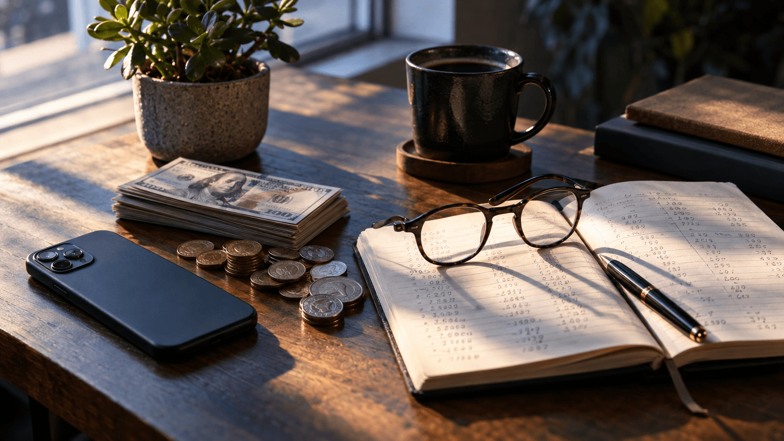 A single smartphone sits face-down on a wooden desk beside a neat stack of hundred-dollar bills and loose coins, with a pair of reading glasses resting on an open paper notebook filled with handwritten calculations and a simple two-column l