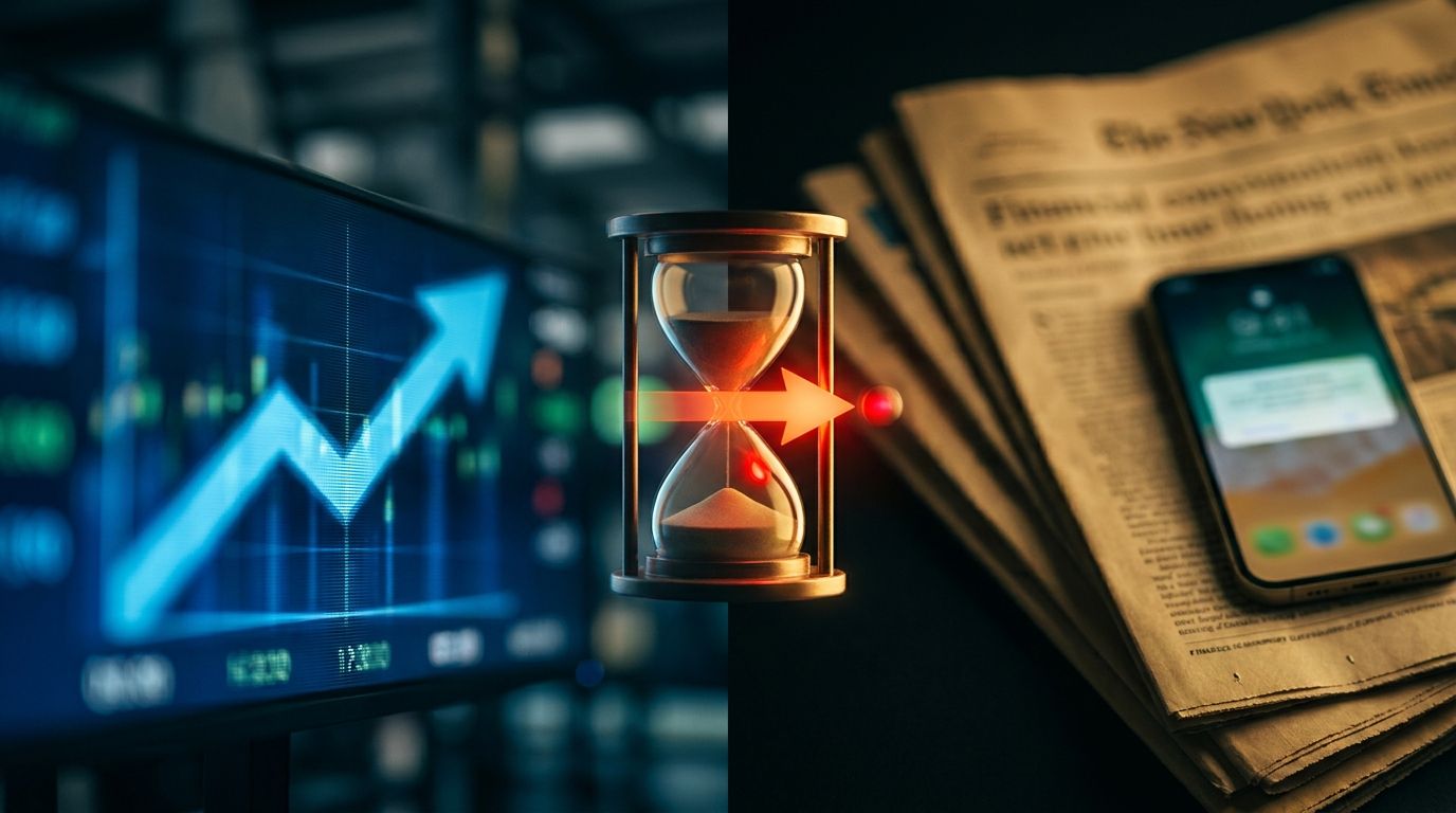 A split image showing a stock chart with a sharp upward price spike on one side, while on the other side, a newspaper headline or news alert notification appears with a significant time delay indicator between them. The visual contrast emphasizes the gap between market movement and explanation, perhaps with the chart's arrow racing ahead while the news lags behind. Muted financial blues and greens dominate, with a bold red or orange highlight on the time gap to create immediate visual tension.