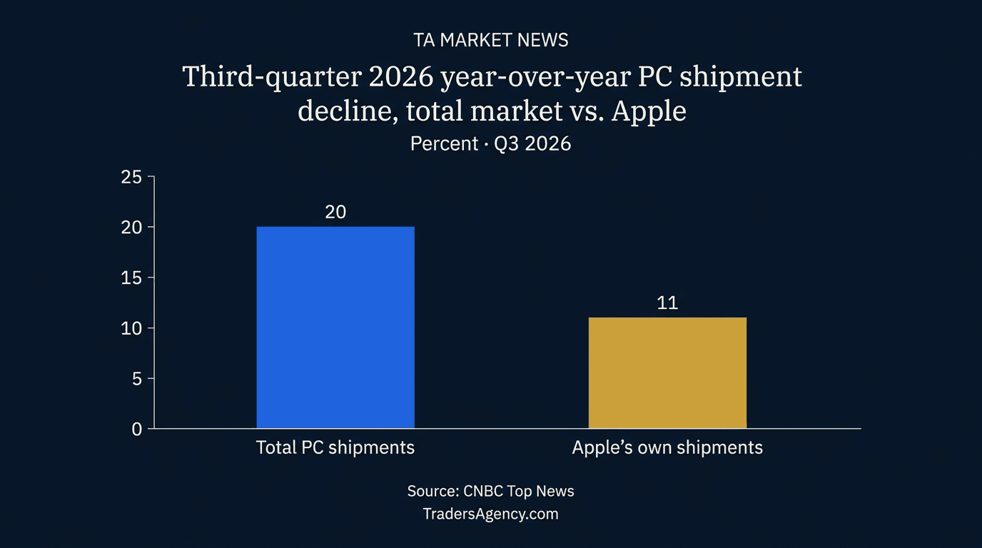 Bar chart comparing the year-over-year percentage decline in total PC shipments versus Apple's own shipments in the third quarter of 2026.
