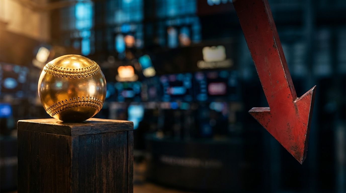 A split visual showing a gleaming golden trophy or home run baseball on one side, contrasted with a sharp downward-plunging red stock chart arrow on the other, symbolizing the paradox of winning yet losing. The background could feature a dark, moody financial trading floor atmosphere with subtle ticker symbols and candlestick charts fading into shadow. The stark visual tension between achievement and decline immediately captures the article's counterintuitive core message.