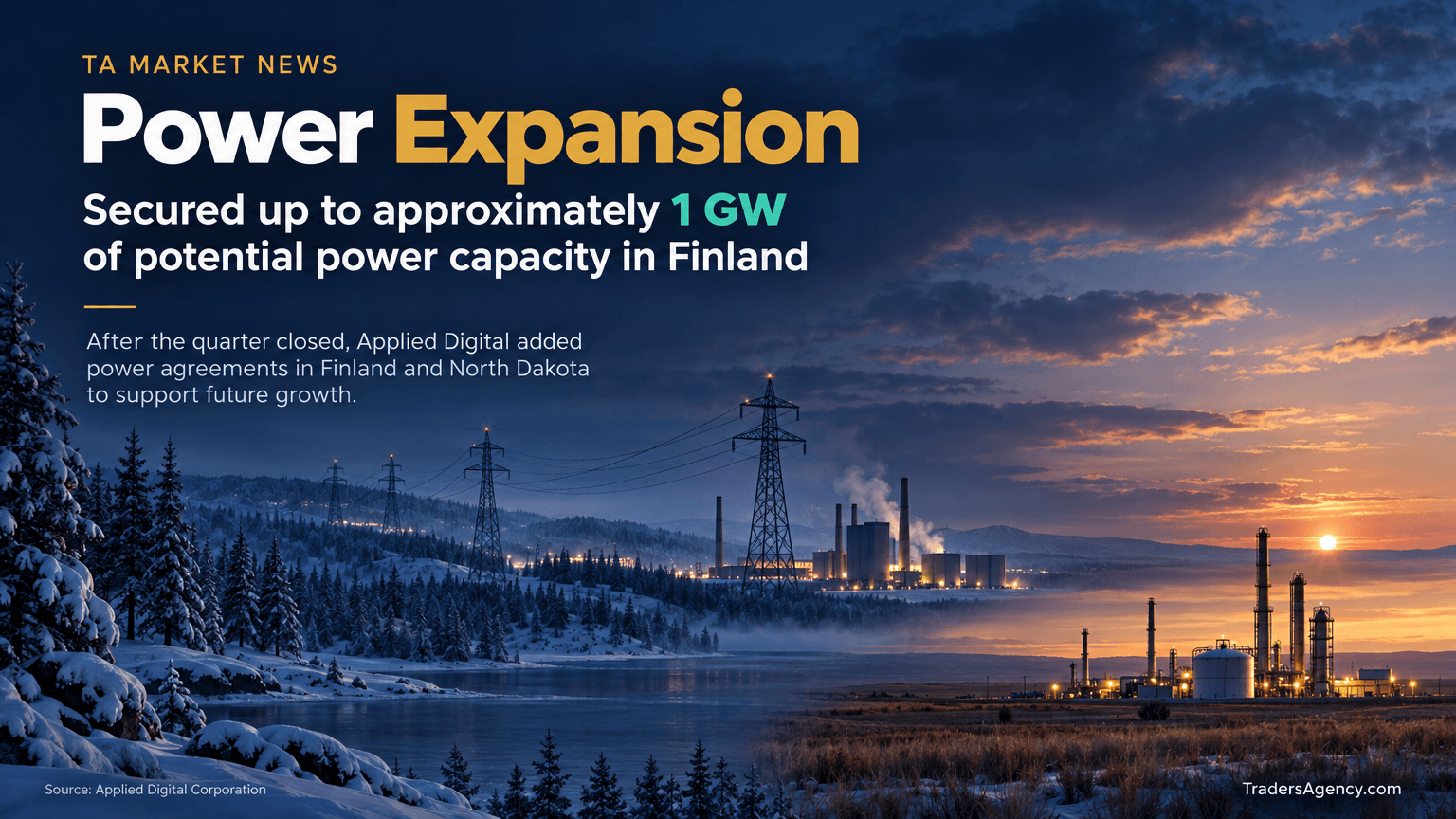 Illustrative scene pairing a Nordic power landscape with a North Dakota gas-plant silhouette.