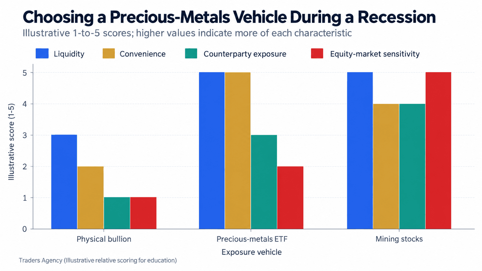 Grouped bar chart comparing physical bullion, gold ETFs, and mining stocks across liquidity, convenience, counterparty exposure, and equity sensitivity