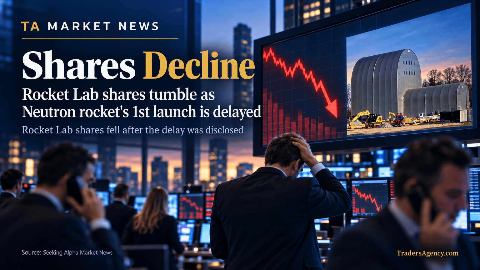 Stock ticker board showing a downward trend line amid a trading floor scene.