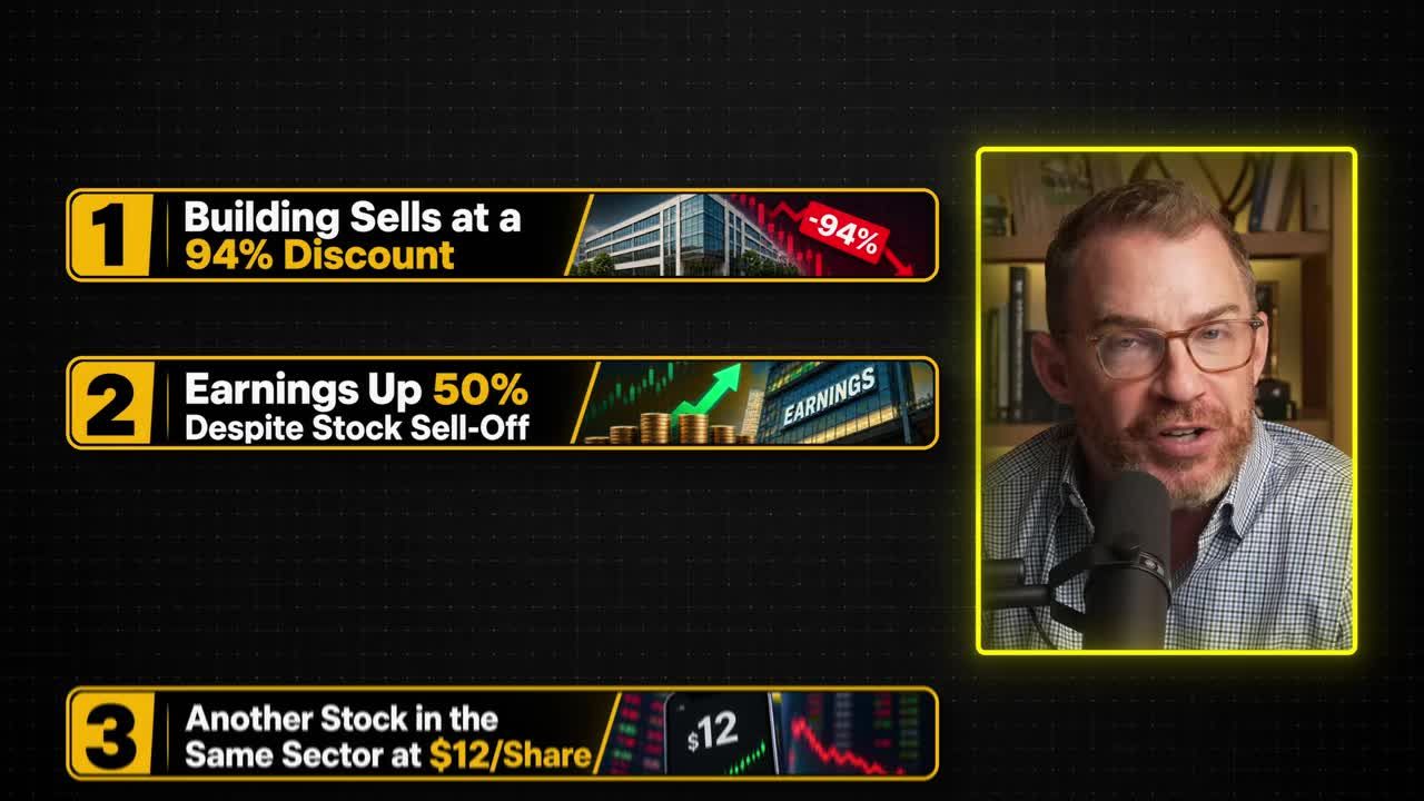 Three-point summary list: Building sells at 94% discount, Earnings up 50% despite stock sell-off, Another stock in same sector at $12/share