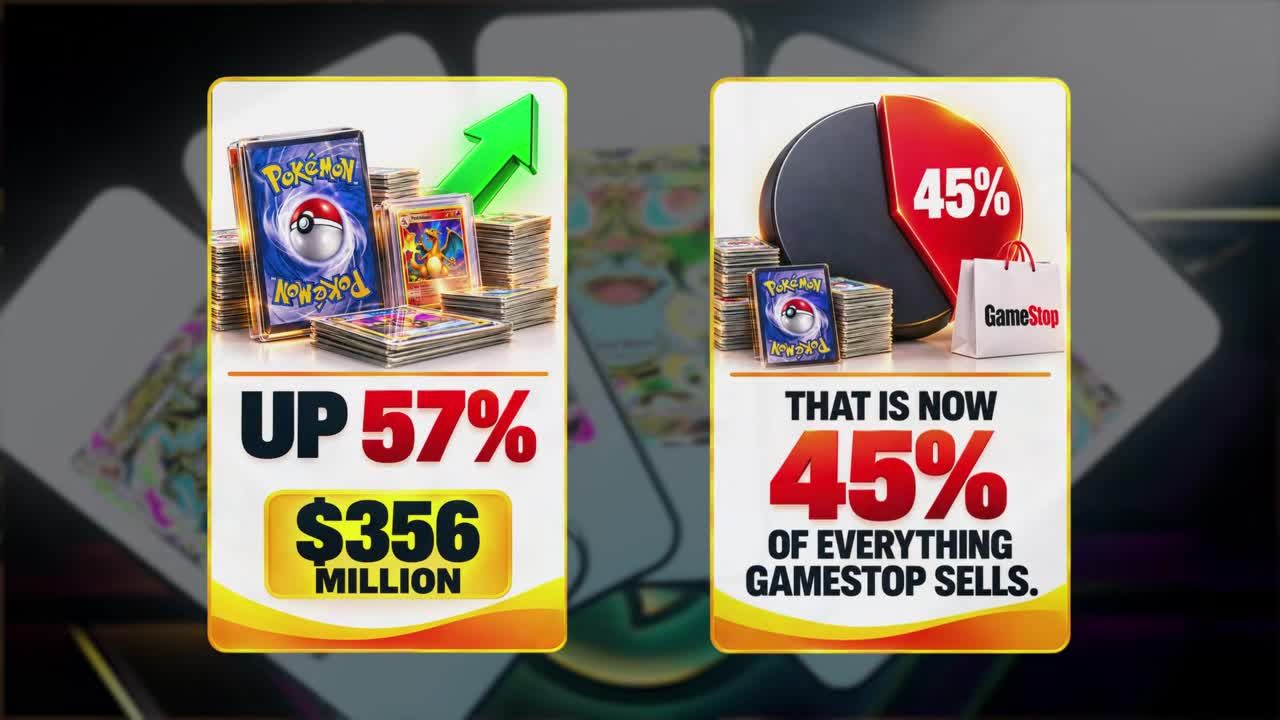 Infographic showing Pokemon card sales up 57% to $356 million, now 45% of everything GameStop sells