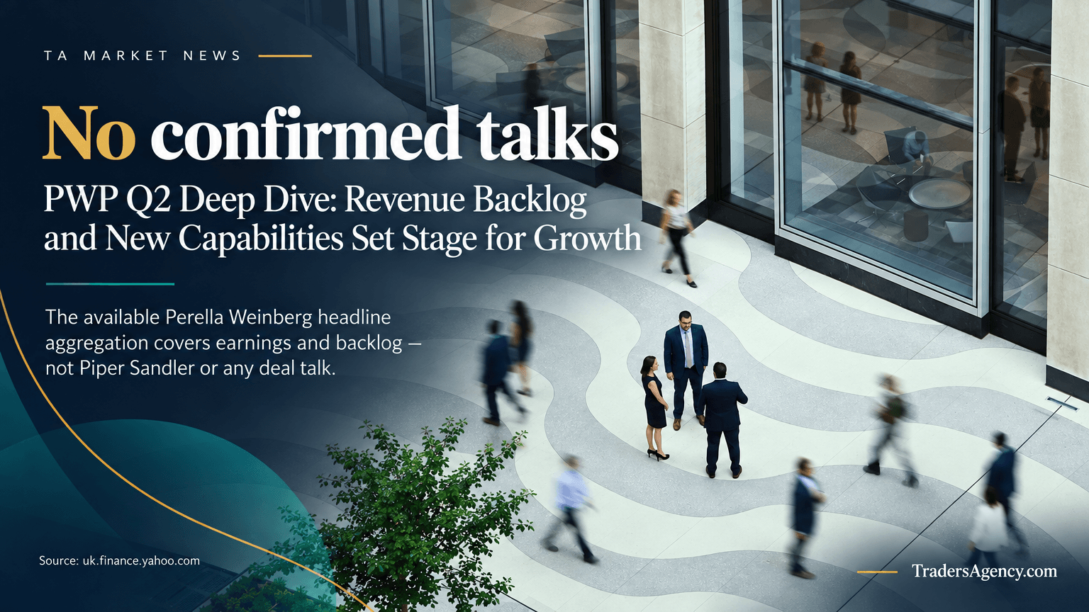 Aerial view of professionals talking calmly outside a glass office building, symbolizing routine corporate activity with no merger disclosure.