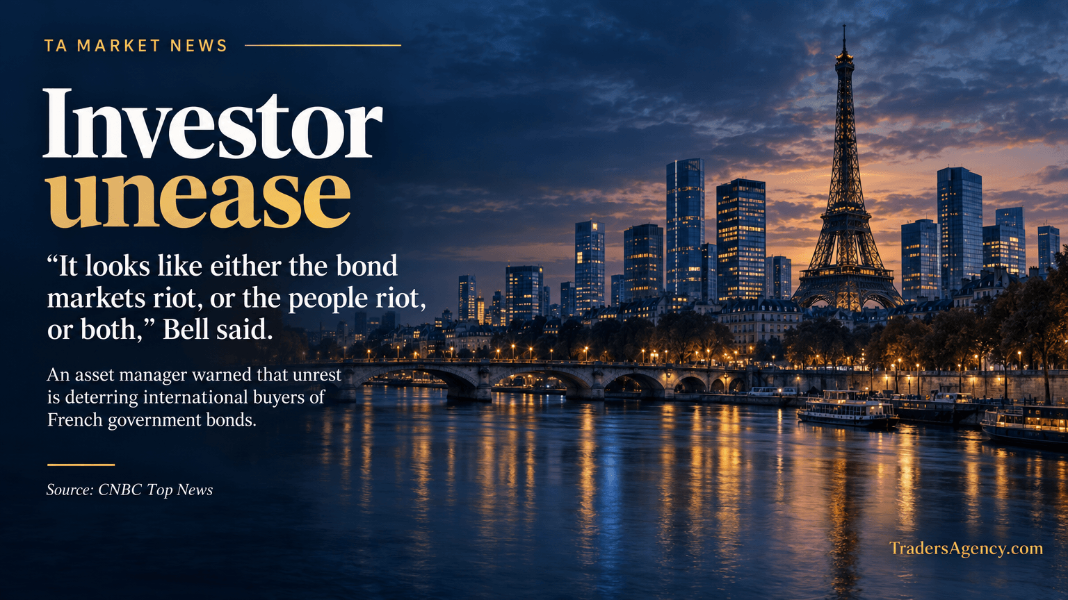 Dusk skyline of Paris with the Eiffel Tower and financial towers reflected in the Seine, evoking investor unease.