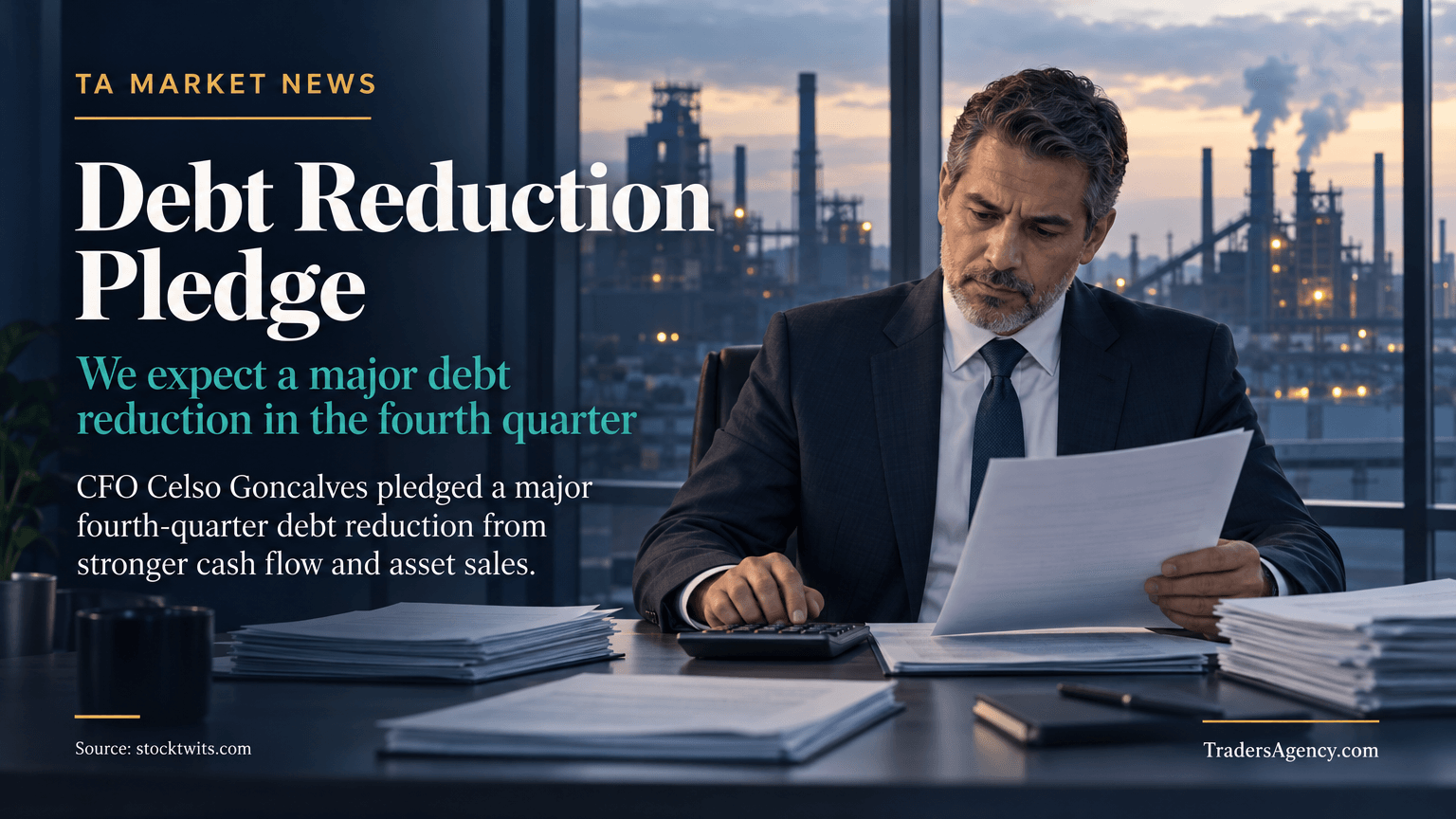 Executive reviewing financial paperwork in an office overlooking an industrial plant