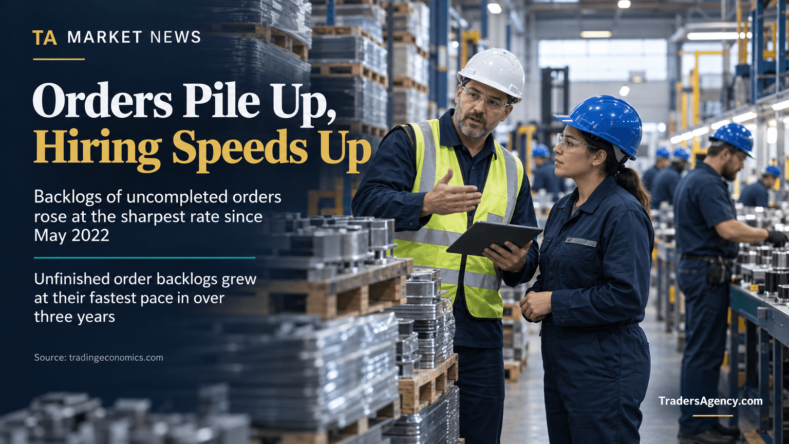 Factory supervisor onboarding a new worker beside stacked unfinished orders on a busy plant floor