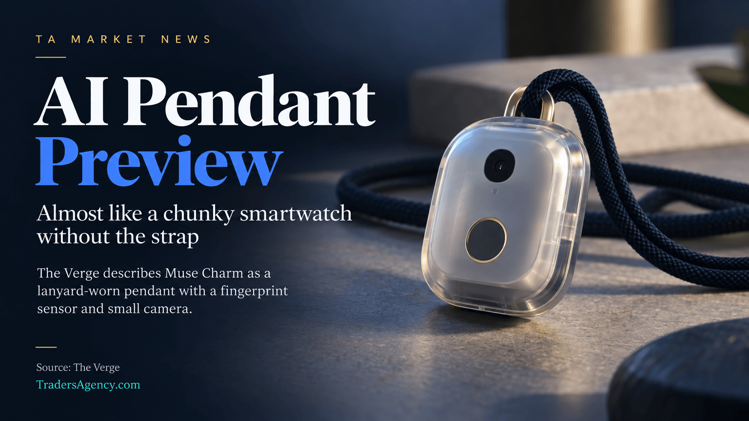 A small translucent pendant device on a lanyard resembling a chunky smartwatch without a strap.