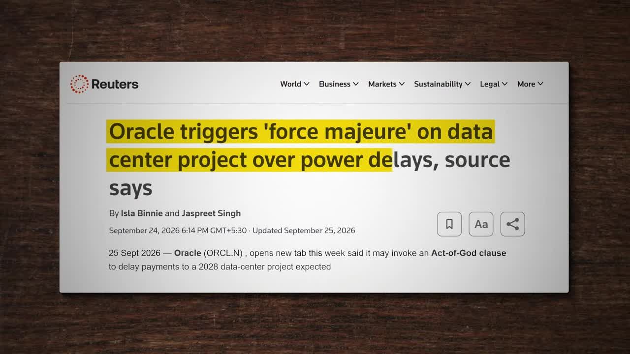 Reuters headline: Oracle triggers 'force majeure' on data center project over power delays, source says