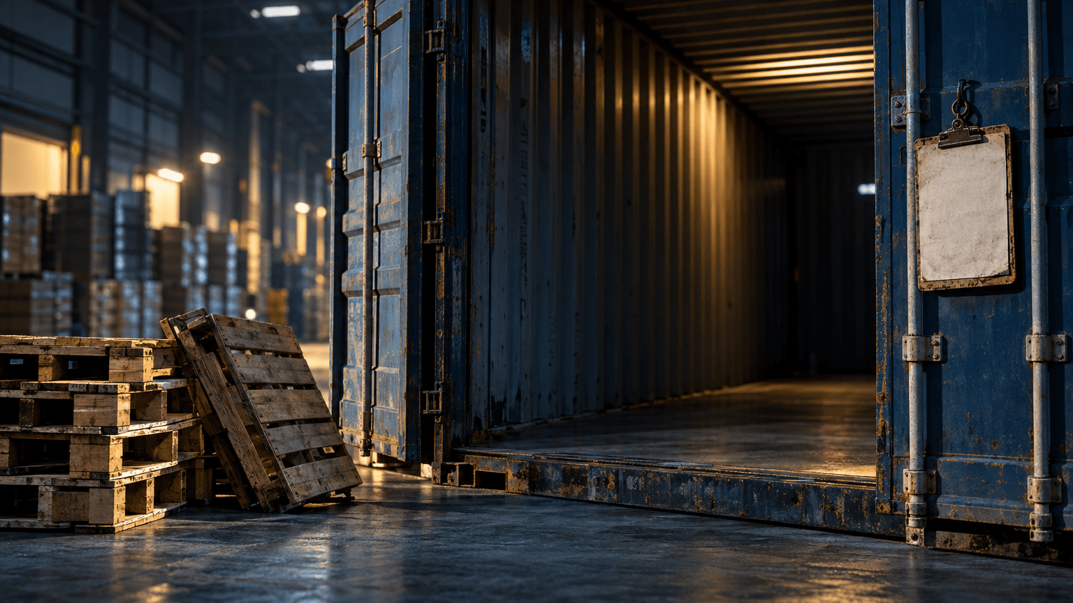 A single weathered cargo manifest clipboard hangs empty-handed beside an open shipping container door, its delivery slot stamped but unsigned, lit by stark warehouse fluorescents.