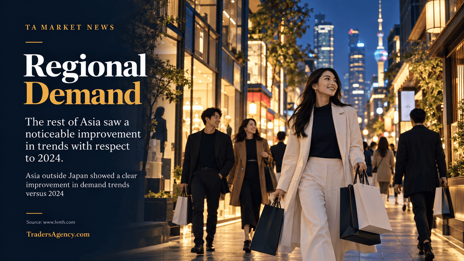 Illustration of a vibrant Asian city shopping street at night with glowing storefronts and crowds, representing improving regional luxury demand outside Japan.