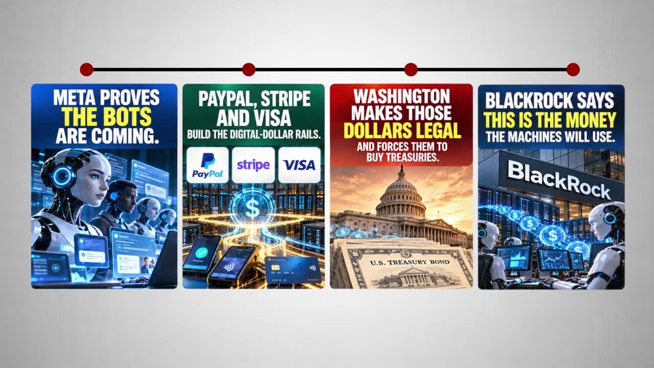 Four-panel infographic summarizing thesis: Meta proves bots are coming, PayPal/Stripe/Visa build digital-dollar rails, Washington makes dollars legal and forces treasury buys, BlackRock says this is the money machines will use